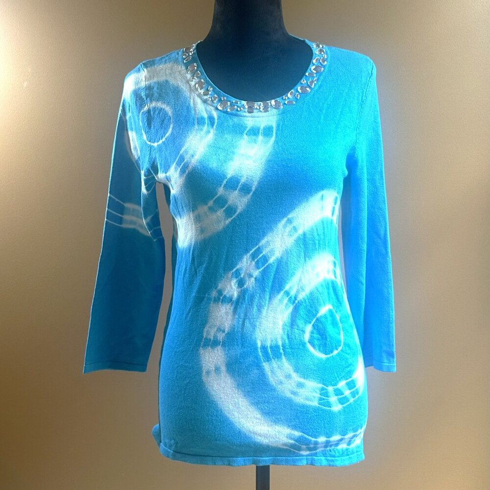 Vibrant Electric Blue Tie-Dye Top with Rhinestone Collar by INC